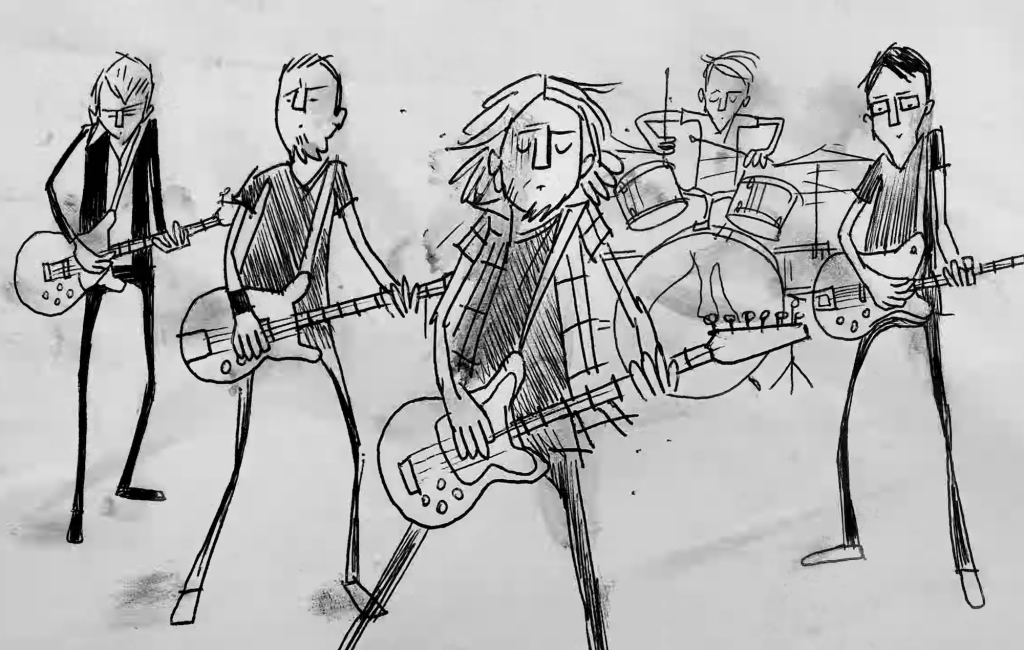 Pencil drawing of the band Pearl Jam playing their song 'Super Blood Wolf Moon'